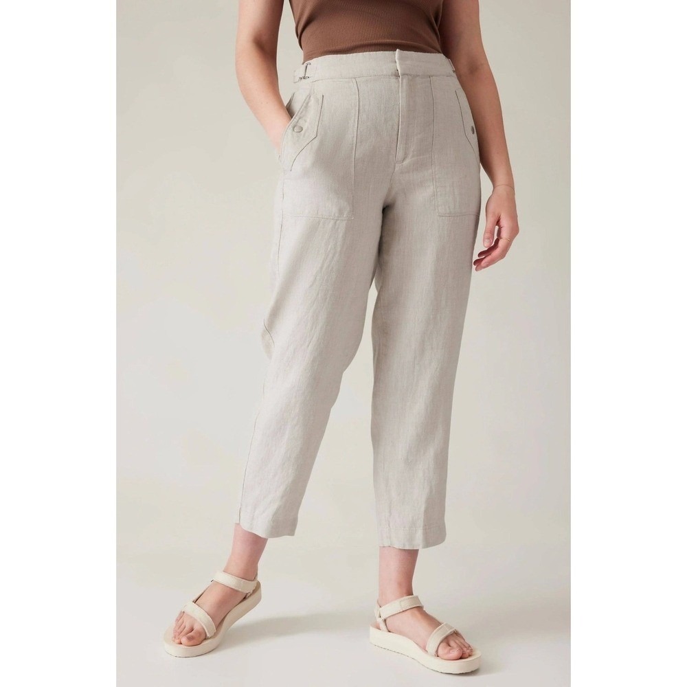 Athleta Voyager 100% Linen Pants Beige Neutral Relaxed Tapered Fit Size 12